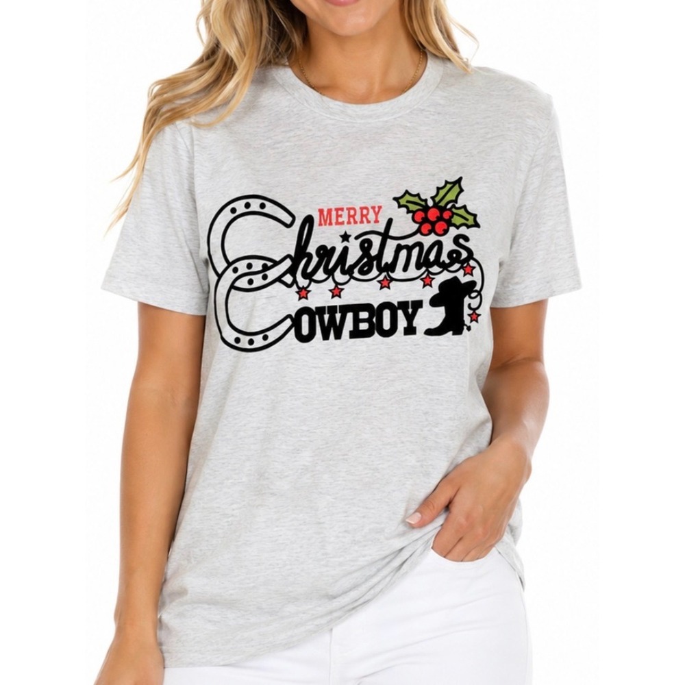 Merry Christmas Cowboy Graphic Tee - Light Heather Gray
